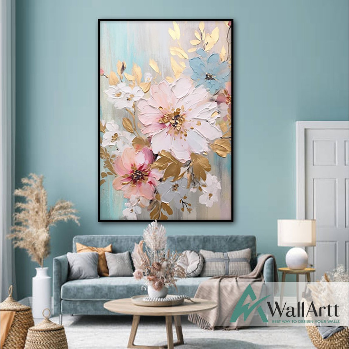 Flower with Gold Leaves 3d Heavy Textured Partial Oil Painting